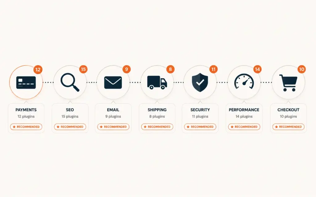 Seven WooCommerce plugin categories with recommended plugin count per category