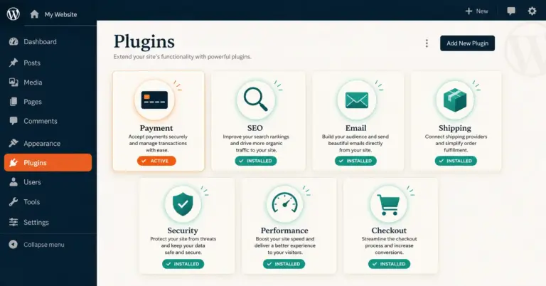 WooCommerce plugin categories grid showing 7 essential plugin types for ecommerce