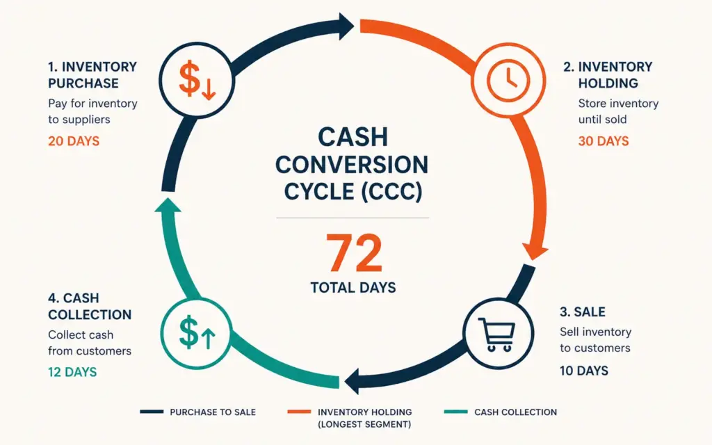 Cash conversion cycle diagram showing days from inventory purchase through sale to cash collection