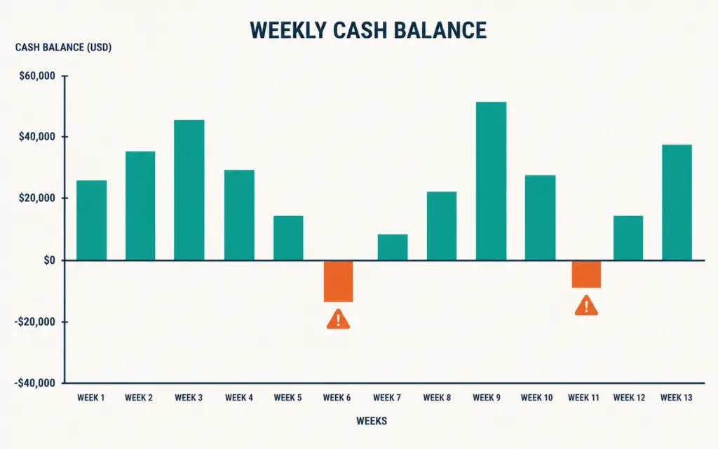 13-week rolling cash flow forecast showing positive and negative cash balance weeks