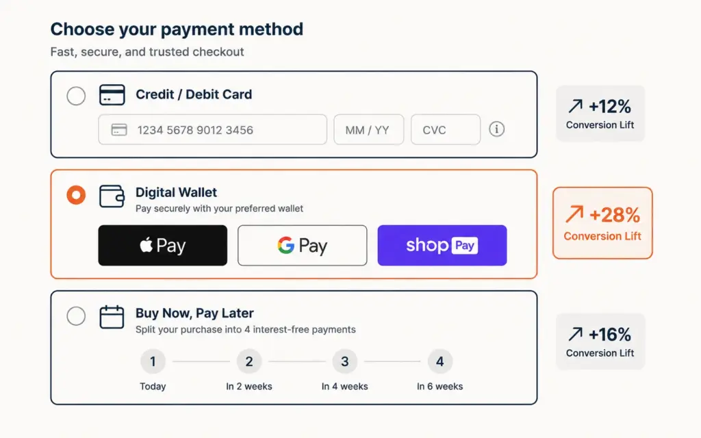 Payment method options showing credit card, wallet payments, and buy-now-pay-later