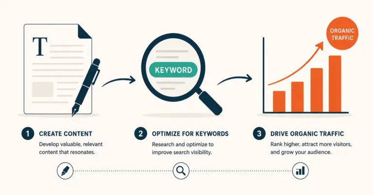 Content marketing pipeline from creation to keyword optimization to organic traffic growth