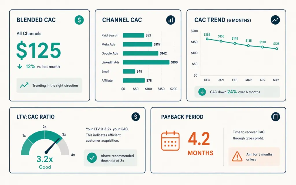 Monthly CAC tracking dashboard showing five key acquisition cost metrics