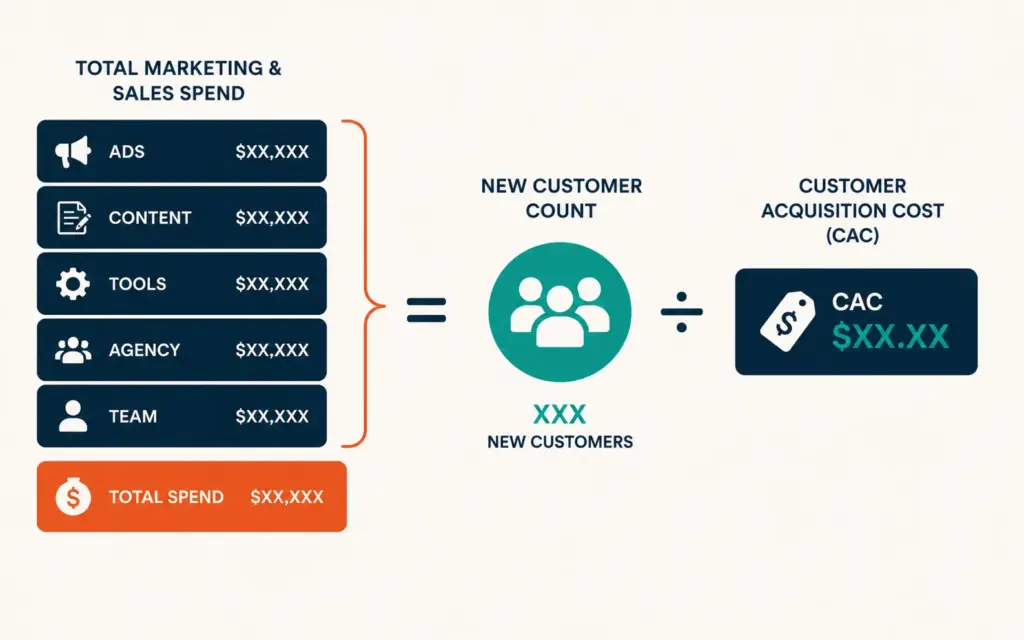 CAC formula showing all marketing spend components divided by new customer count