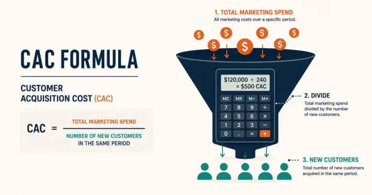 Customer acquisition cost formula visualized as marketing spend divided by new customers