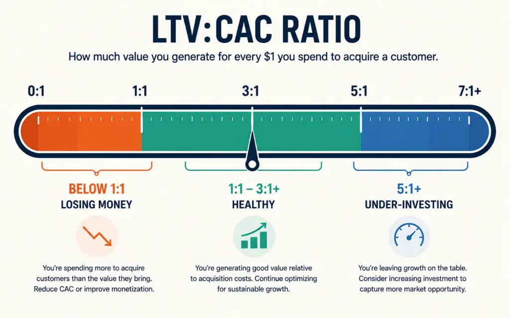 LTV to CAC ratio scale showing zones from unprofitable to healthy to under-investing