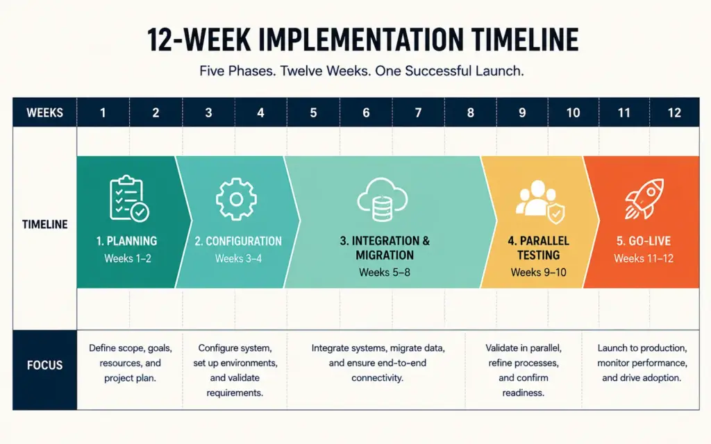 ERP implementation timeline showing five phases from planning to go-live over 12 weeks