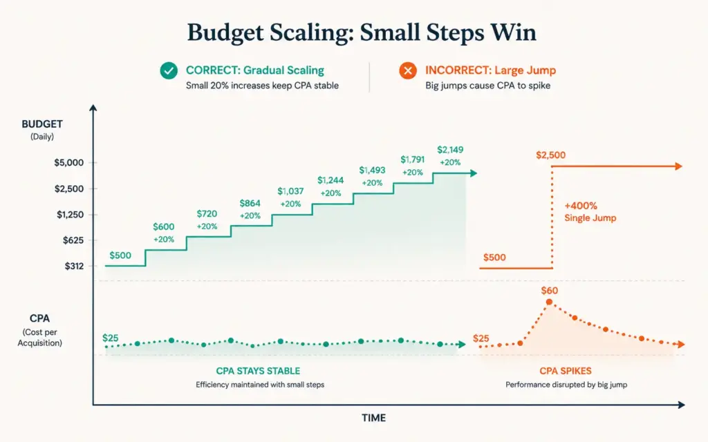 Facebook ad budget scaling showing 20% gradual increases versus destabilizing large jumps