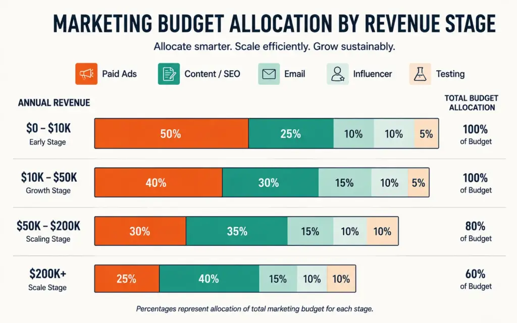 Marketing budget allocation by revenue stage showing how channel mix shifts during scaling