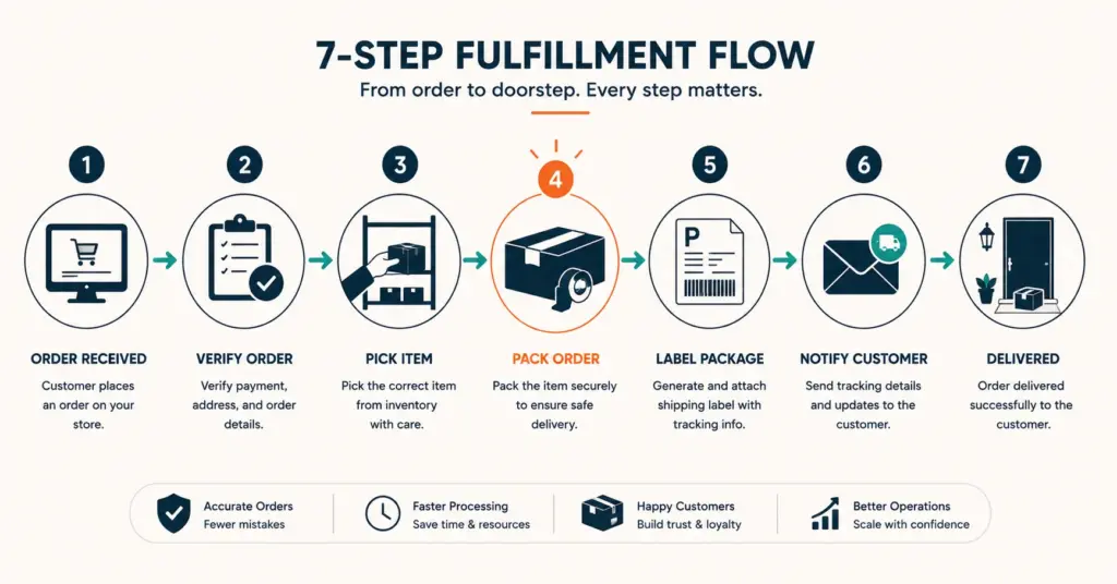 Seven-step order fulfillment process from order received through pick pack ship to delivery