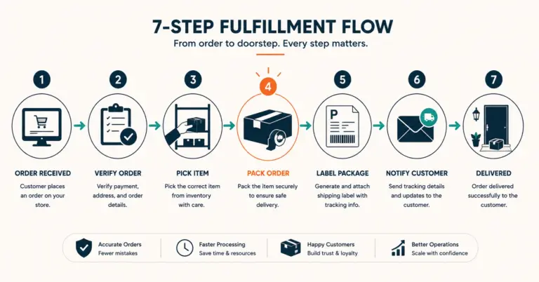 Seven-step order fulfillment process from order received through pick pack ship to delivery