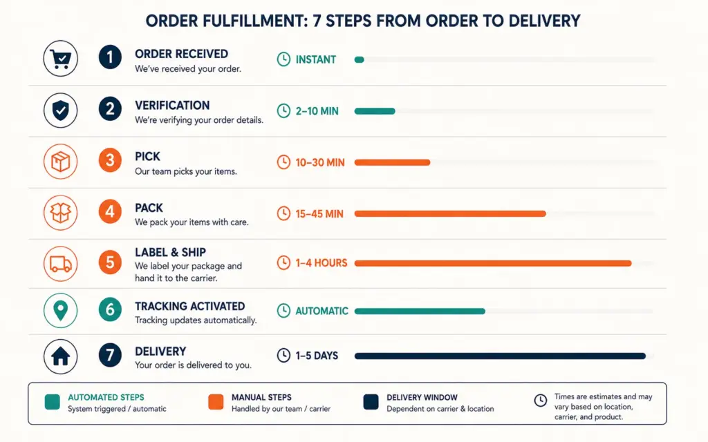 Order fulfillment seven steps with time duration indicators from minutes to days