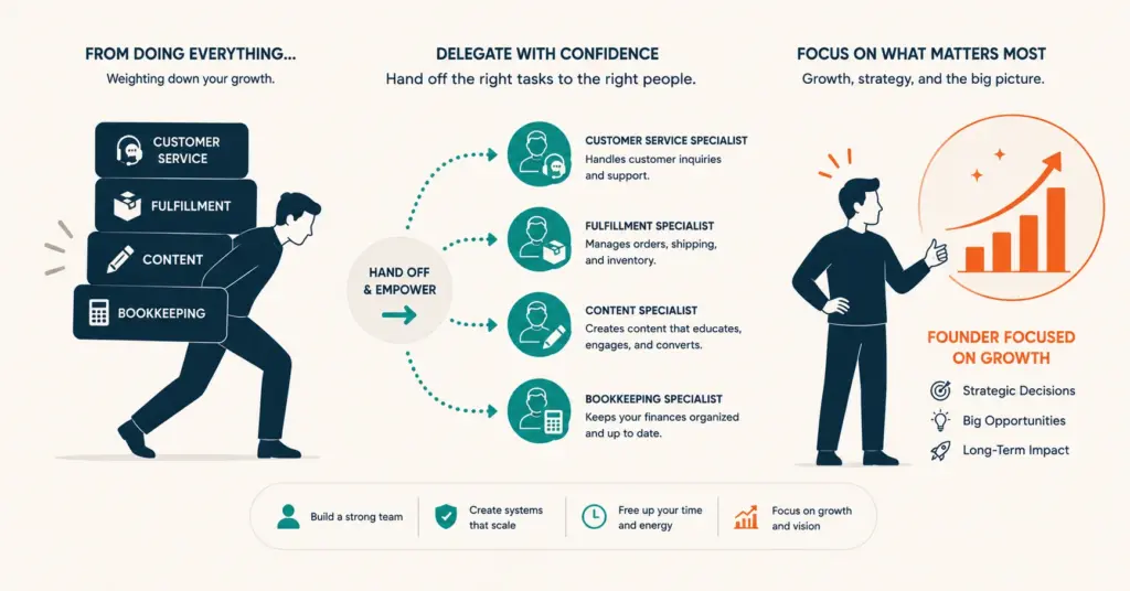 Ecommerce outsourcing concept showing task delegation from founder to specialists