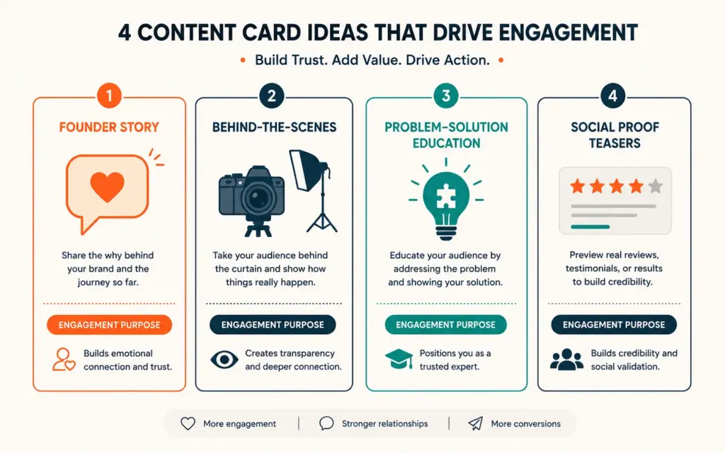 Four pre-launch content types: founder story, behind-the-scenes, education, and social proof teasers