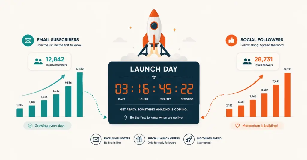 Pre-launch marketing countdown showing email list and social following growing toward launch day