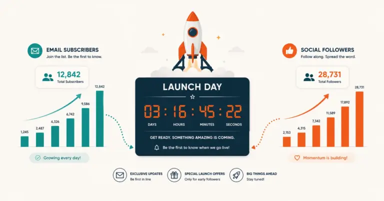 Pre-launch marketing countdown showing email list and social following growing toward launch day