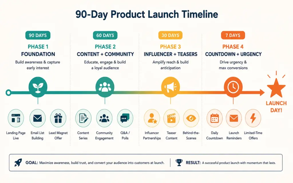 90-day pre-launch marketing timeline showing four phases from foundation to launch day