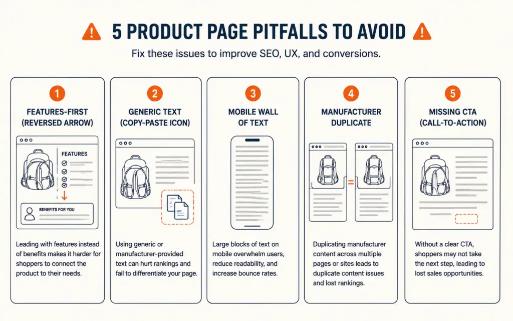 Five common product description mistakes illustrated as warning cards