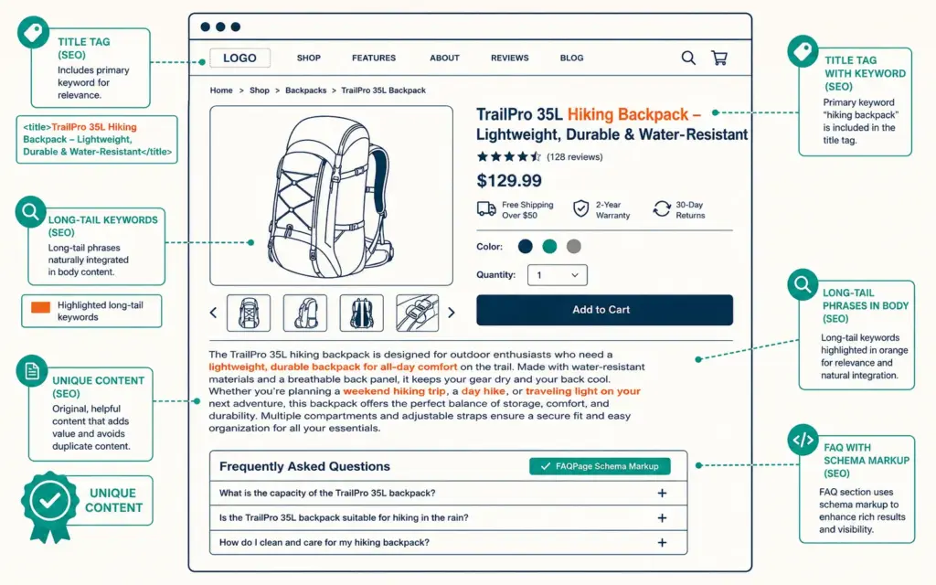 Product page SEO elements annotated showing keyword placement, FAQ schema, and unique content