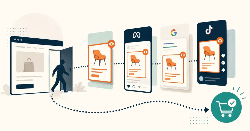 Retargeting flow showing visitor leaving a store and being re-engaged through ads across platforms