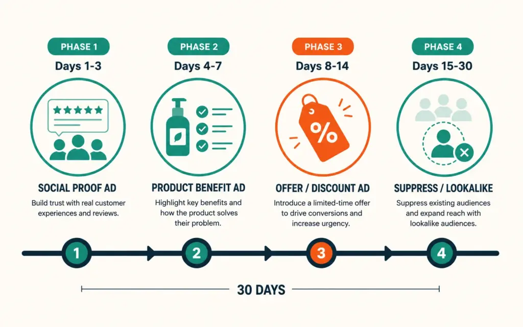 Sequential retargeting timeline showing four messaging phases over 30 days