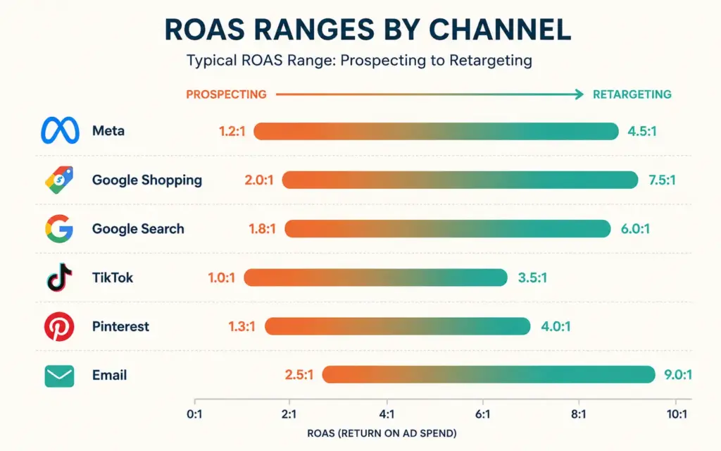 ROAS benchmark ranges compared across Meta, Google, TikTok, Pinterest, and email channels