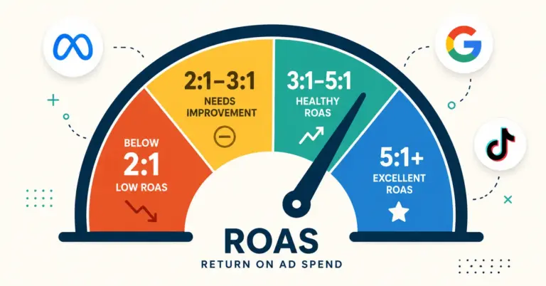 ROAS benchmark gauge showing performance zones from unprofitable to strong across ad channels