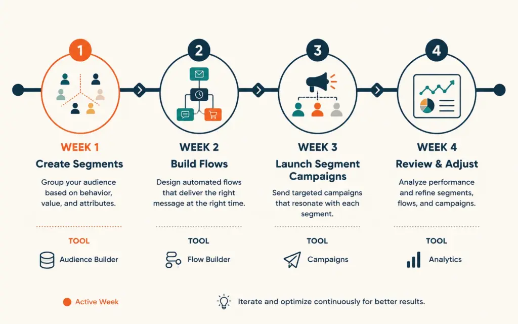 Four-week segmentation implementation timeline from segment creation to review