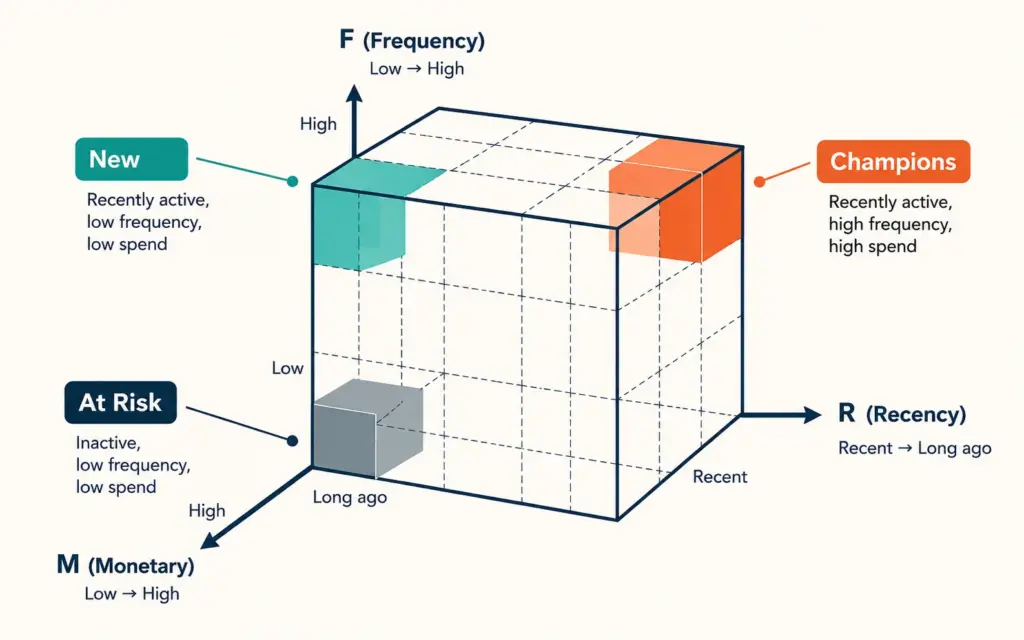 RFM segmentation model showing Recency, Frequency, and Monetary value dimensions with customer segments