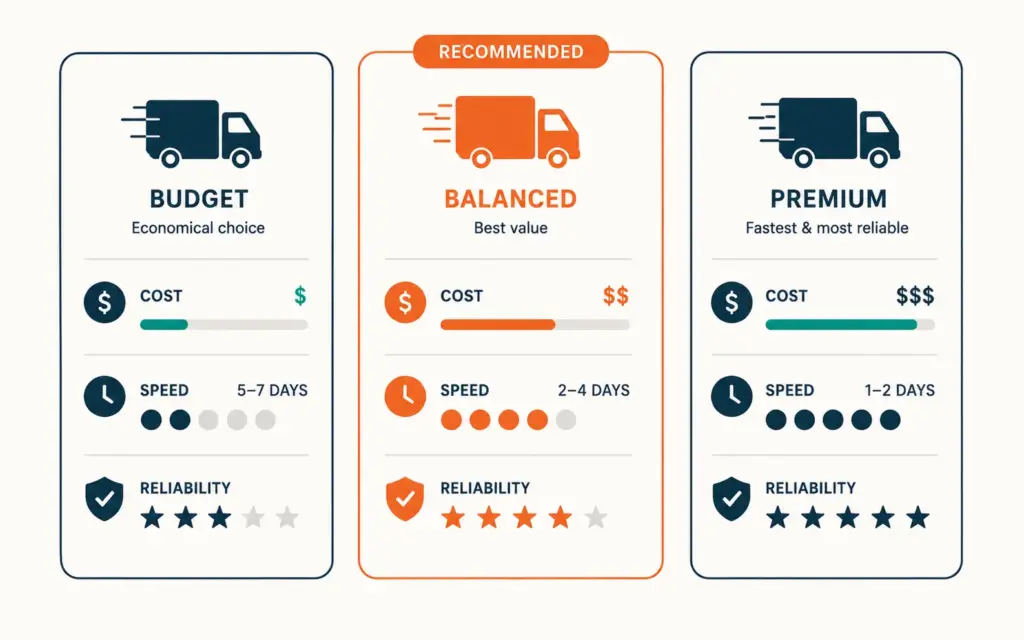 Three shipping carriers compared on cost, speed, and reliability metrics