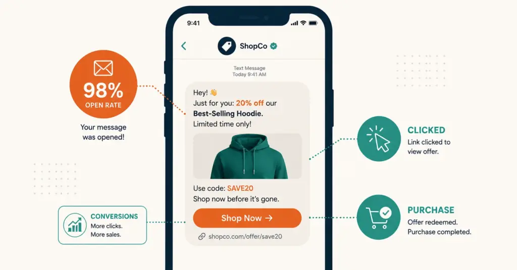 SMS marketing for ecommerce showing text message with product offer and 98% open rate