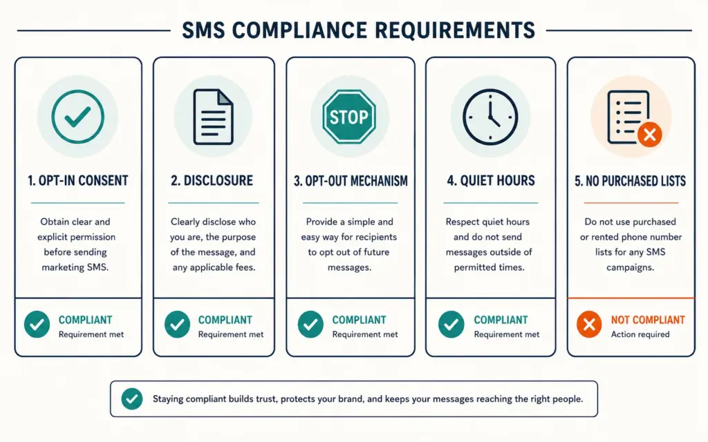 Five TCPA compliance requirements for SMS marketing illustrated as checklist cards