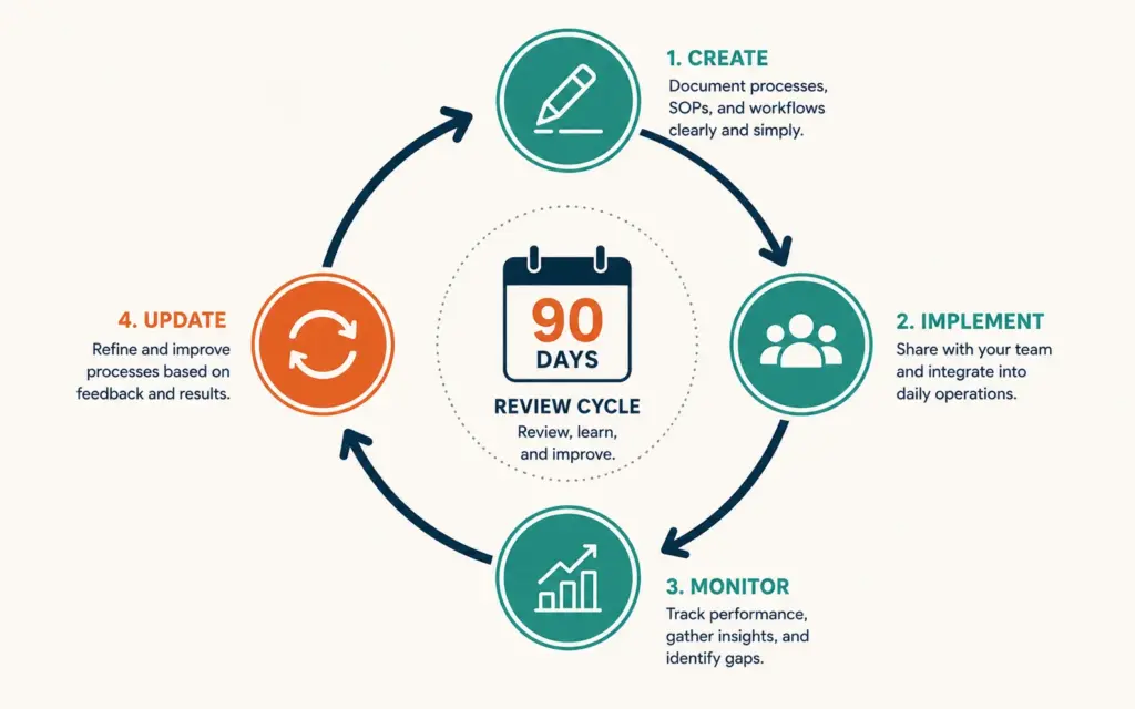 SOP lifecycle showing create, implement, monitor, and update phases on a 90-day review cycle
