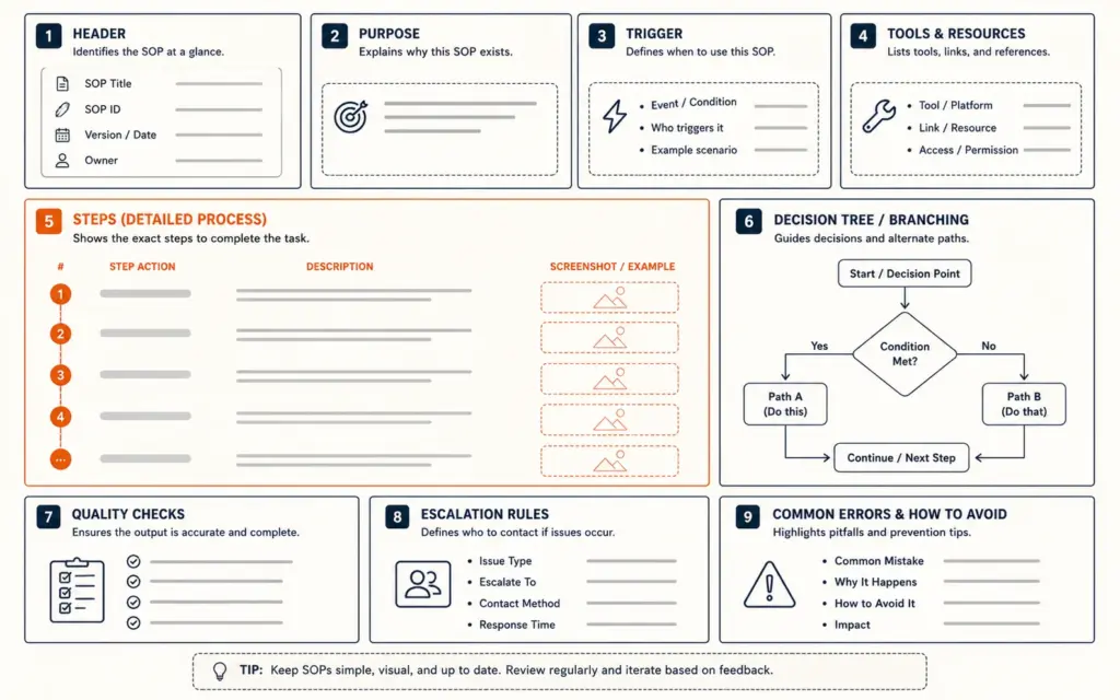 SOP template structure showing nine sections from header through steps to escalation rules