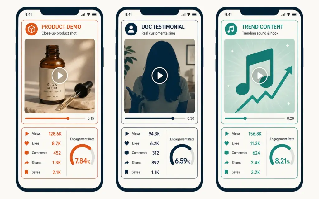 Three TikTok content formats for ecommerce: product demo, UGC testimonial, and trend content