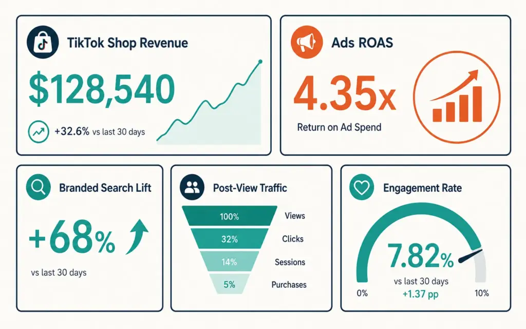 TikTok marketing metrics dashboard showing five key performance indicators