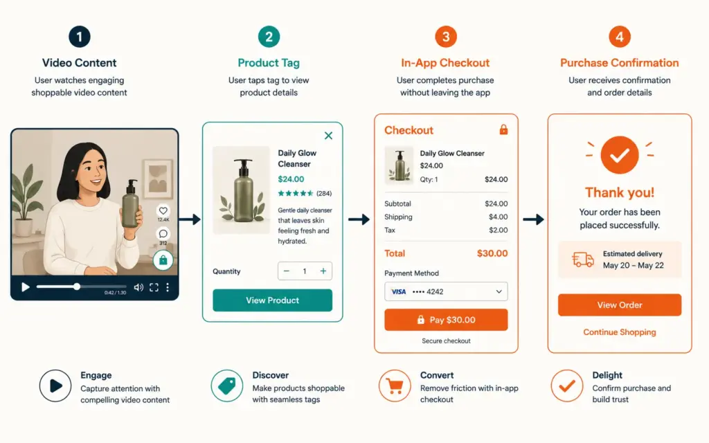 TikTok Shop purchase flow from video to product tag to in-app checkout