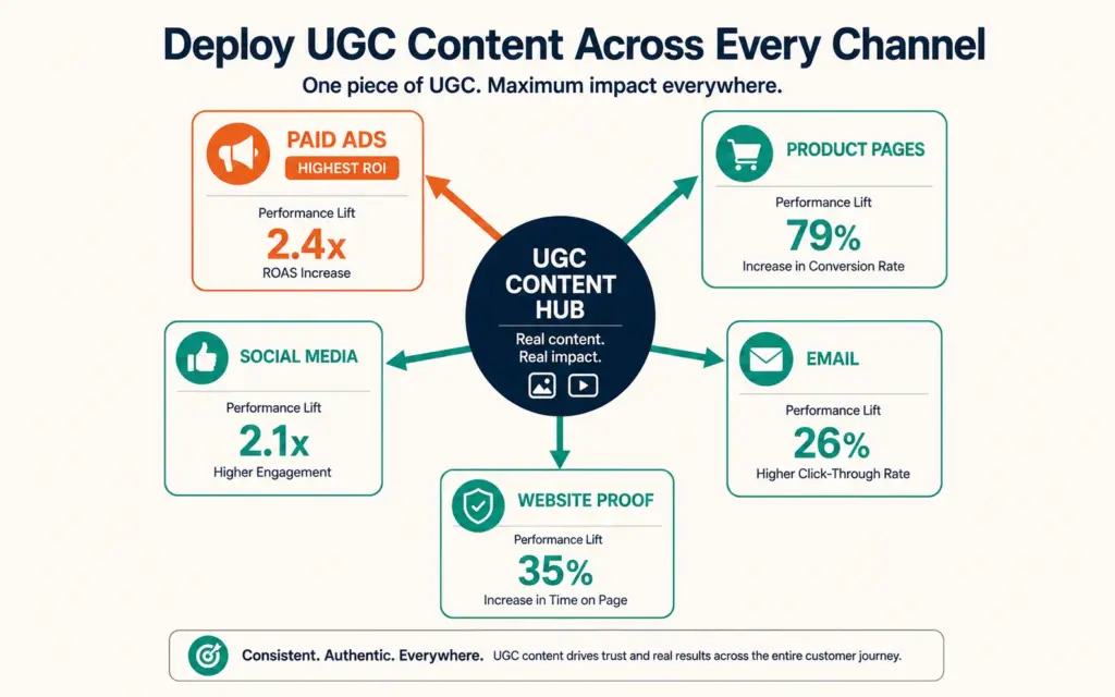 UGC deployment across five channels: paid ads, product pages, social, email, and website