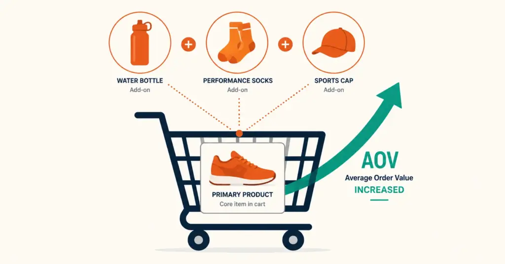 Ecommerce upsell and cross-sell illustration showing complementary products lifting average order value