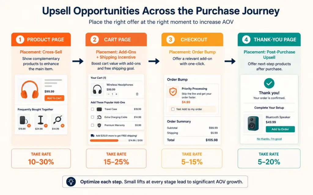 Upsell and cross-sell placement across four purchase journey stages with take rates
