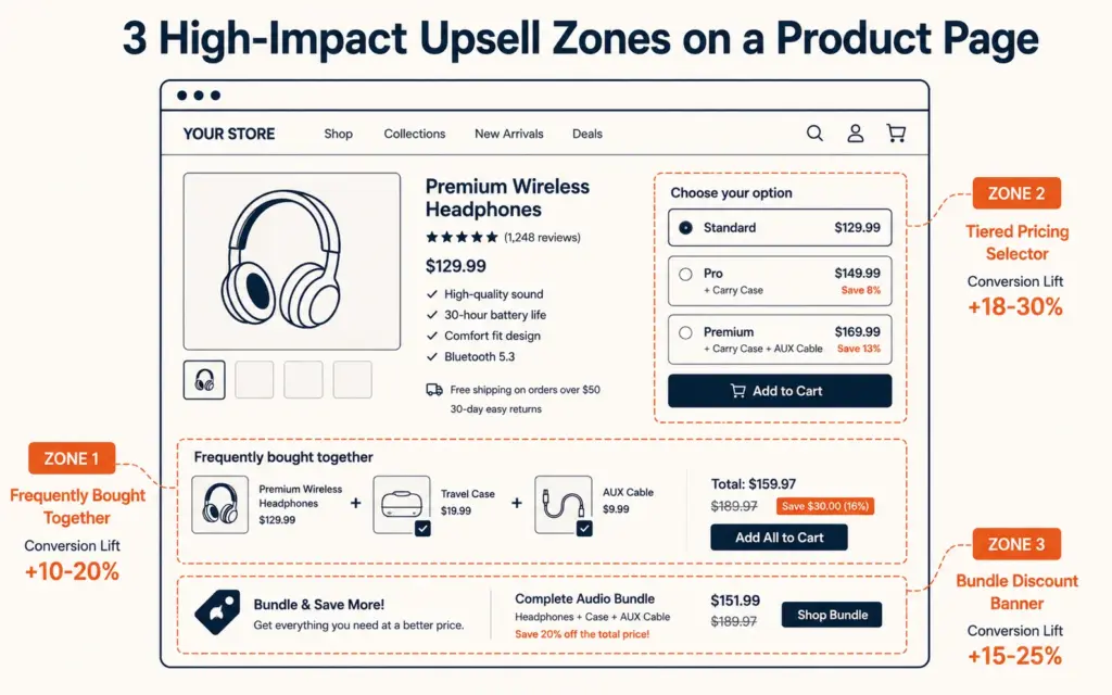 Product page upsell zones annotated showing frequently bought together, tiers, and bundles