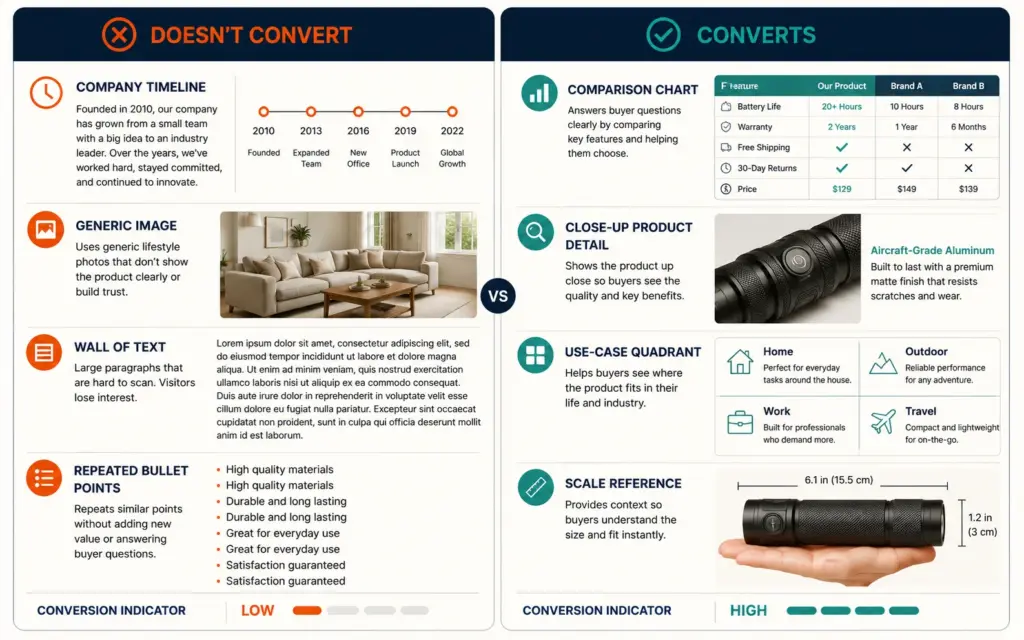 A+ Content comparison showing ineffective company-focused modules versus effective buyer-focused modules