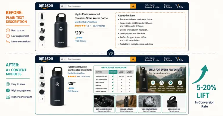 Amazon product page before and after A+ Content showing plain text replaced with visual modules