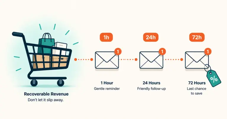 Abandoned cart email sequence showing three recovery emails at 1 hour, 24 hours, and 72 hours