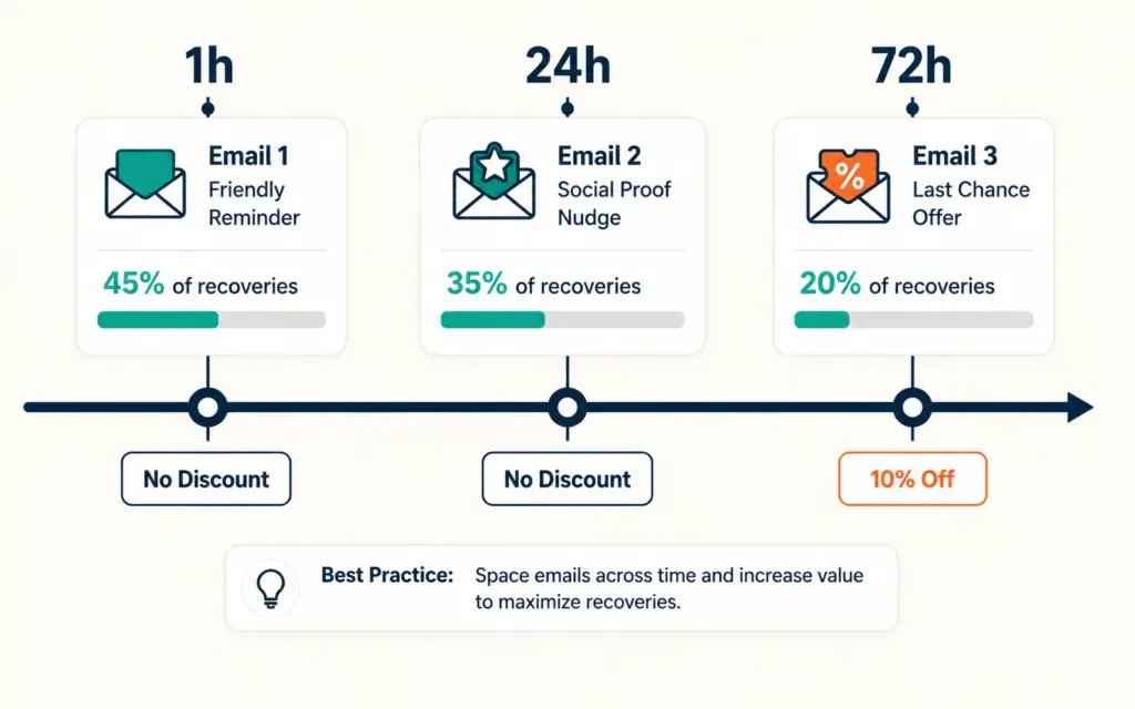 Three-email cart recovery timeline showing timing, content type, and recovery percentage at each stage