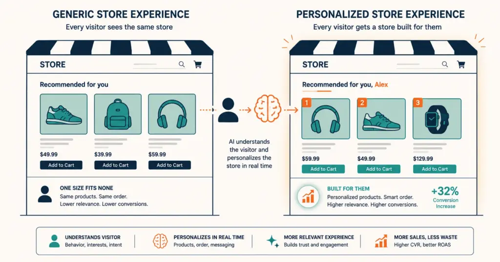 Generic versus AI-personalized ecommerce experience showing customized product arrangement per visitor