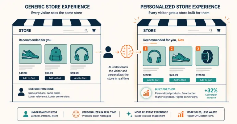 Generic versus AI-personalized ecommerce experience showing customized product arrangement per visitor