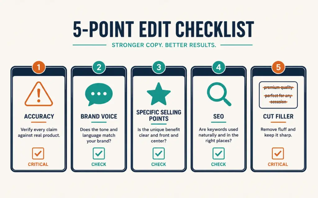 Five-point AI description editing checklist: accuracy, brand voice, selling points, SEO, and filler removal