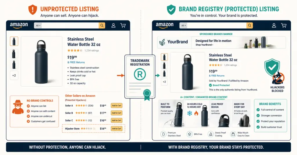 Amazon listing comparison showing unregistered versus Brand Registry protected listing with A+ Content