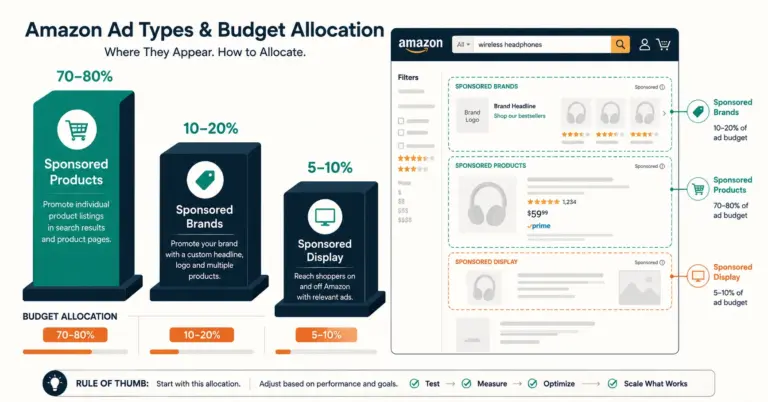 Amazon PPC budget allocation across three ad types with Sponsored Products taking 70-80%